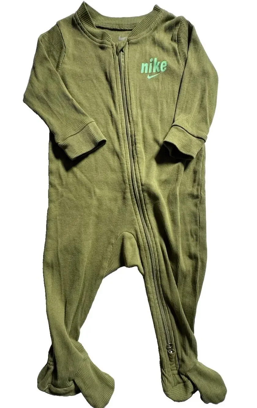 Nike Baby 9M Green Ribbed Footed Sleeper One Piece Zip Swoosh Logo